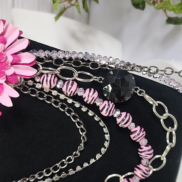 Multi Media Silver Chain Necklace with Pink Flower and Earrings Set New - Picture 7 of 8
